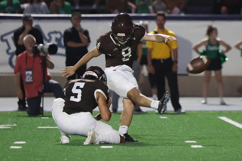 Patrick Durkin puts Joliet Catholic on the board first with a 28 yard field goal against Providence on Friday, Sept. 1, 2023 Joliet Memorial Stadium.
