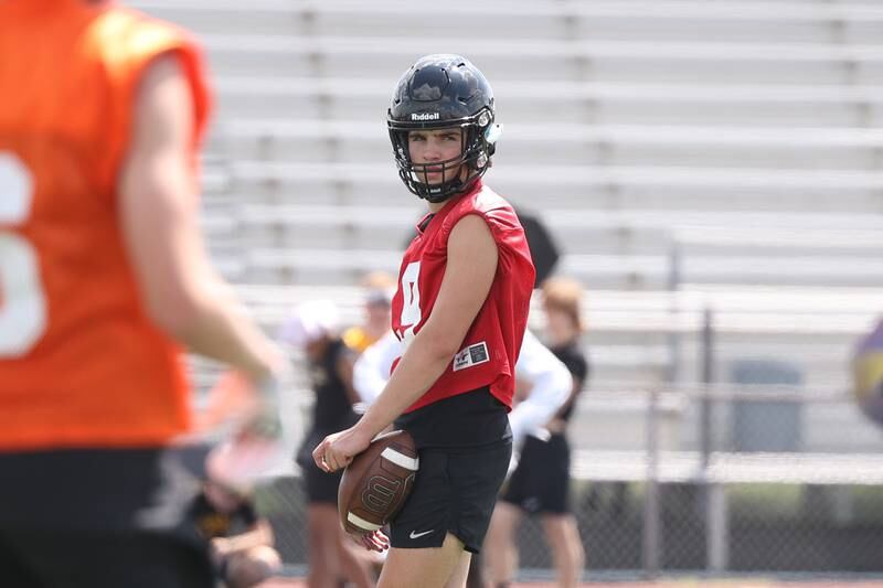 Lincoln-Way West’s Chase Hetfleisch waits between snaps during a 7-on-7 scrimmage at Lincoln-Way East on Tuesday, July 18th, 2023 in Frankfort.
