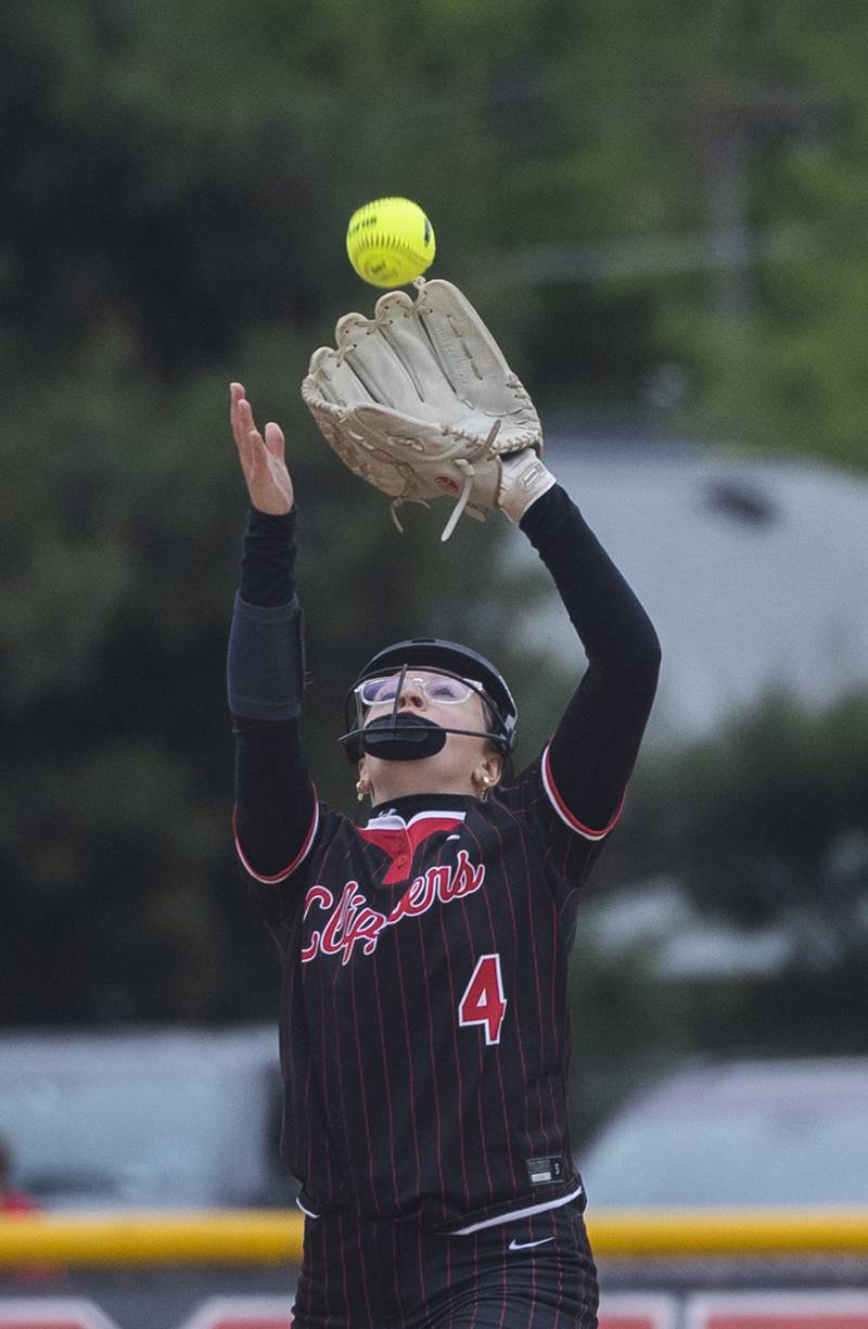 Amboy’s Leighton Gulley hauls in a pop-up against Fulton Wednesday, May 21, 2025, during a Regional semifinal softball game.
