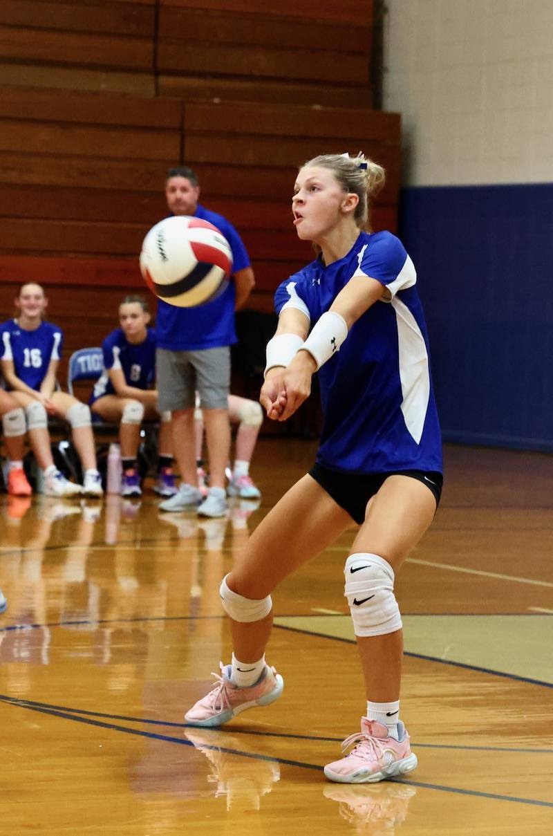 Princeton senior Caroline Keutzer makes a pass against E-P Monday night at Prouty Gym. E-P won 25-13, 25-15.