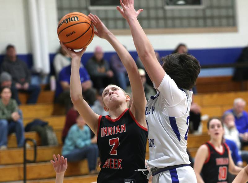 Indian Creek's Gretta Oziah tries to shoot over Hinckley-Big Rock's Grace Hall during their game Thursday, Jan. 29, 2026, at Hinckley-Big Rock High School.