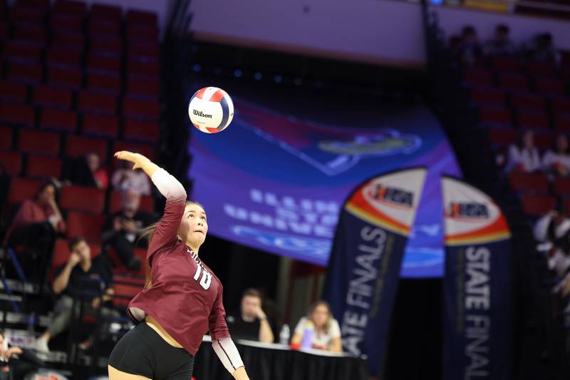 Lockport's Natalie Bochantin serves the ball to Benet Academy during Benet Academy's victory in two sets, 25-23, 25-16, over Lockport in the IHSA Class 4A State semifinals on Friday, Nov. 14, 2025.