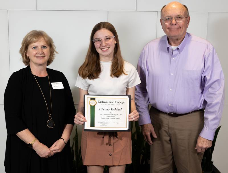 (Left to right); Kishwaukee College president Laurie Borowicz, Chesney Eschbach, and Kishwaukee College board of trustees chair Bob Johnson.