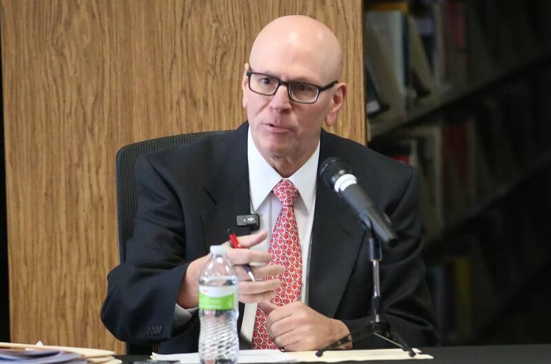 Peru mayoral candidate Doug Bernabei, speaks during a candidate forum on Sunday, Feb. 23, 2025 at the Peru Public Library.