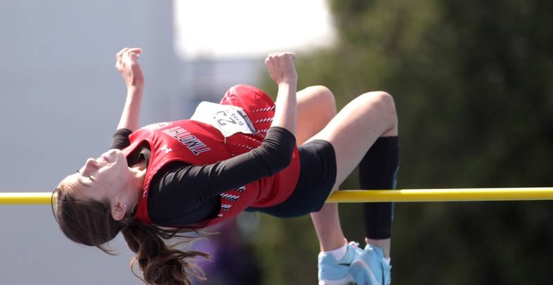 Elizabeth Alex of Timothy Christian competes in the 1A high jump competition during the IHSA State Track and Field Finals at Eastern Illinois University in Charleston on Saturday, May 20, 2023.