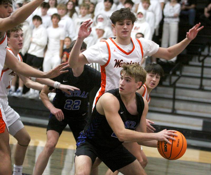 Burlington Central’s Bennek Braden looks for an option in varsity boys basketball on Friday, Dec. 5, 2025, at McHenry Community High School in McHenry.