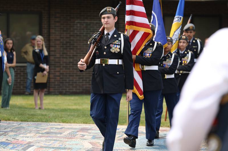 Joliet Central Army Junior ROTC presents the colors at a special Flag Day ceremony dedicating a memorial to remember the 28 World War II Submarines that traveled through Joliet on their way to the Pacific theater in Bicentennial Park on Wednesday, June 14, 2023 in Joliet.