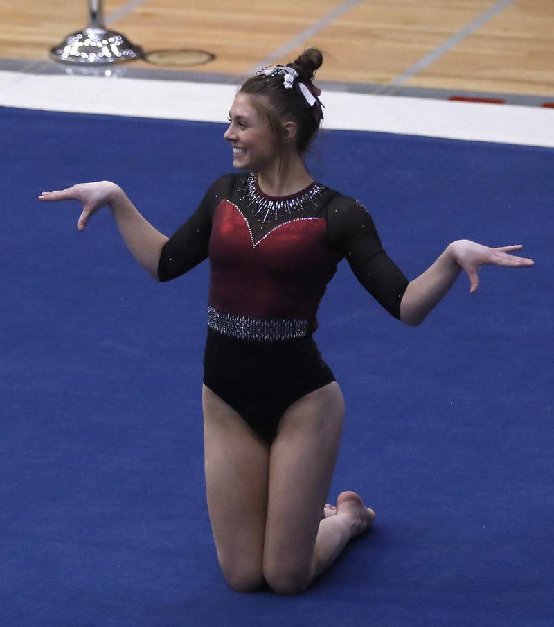 Prairie Ridge's Gabby Riley competes in the Friday, Feb. 17, 2023, during the IHSA Girls State Final Gymnastics Meet at Palatine High School.