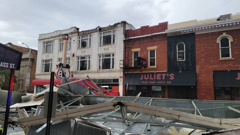 A Sunday morning storm damaged buildings in downtown Joliet. Debris from one building is seen in the area of Chicago and Cass streets. July 14, 2024