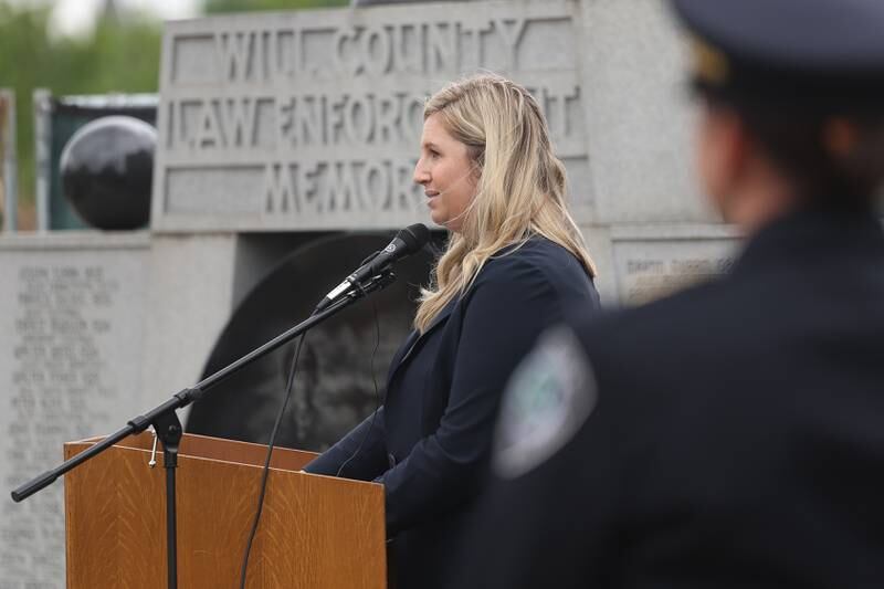 Caitlyn Brennan, President of The 100 Club of Illinois, speaks at the Will County Law Enforcement Memorial ceremony on Thursday, May 9, 2024 in downtown Joliet.