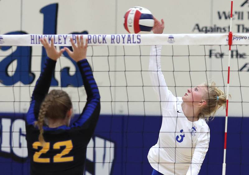 Hinckley-Big Rock's Brynn Gawel tries to spike the ball by Somonauk's Morgan Potter during their match Thursday, Sept. 15, 2022, at Hinckley-Big Rock High School.