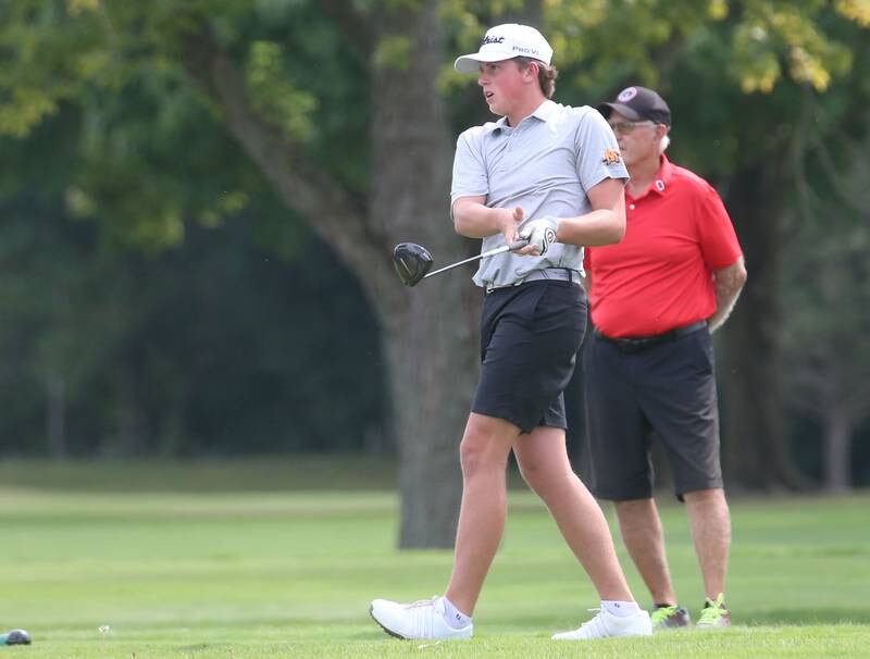 Minooka's TJ Quinn tees off during the Ottawa Pirate Invitational golf meet on Monday, Sept. 16, 2024, at Deer Park Golf Course in Oglesby.
