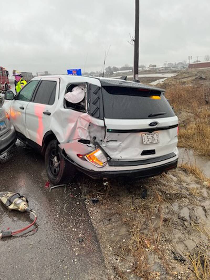 Illinois State Police squad vehicle that was struck by another vehicle on Monday on Interstate 55 near Route 59 in Shorewood.