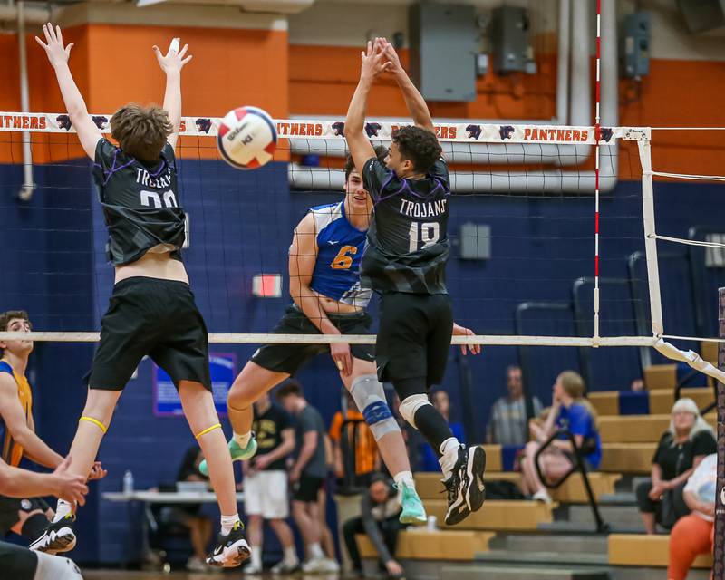Lyons Luka Kostic (6) watches his kill shot during Oswego Sectional final between Downers Grove North on Tuesday, May 30, 2023.