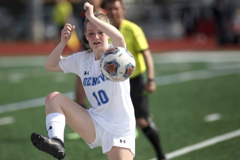 Geneva’s Kendall Forbes kicks the ball during a Naperville Invitational game against Oswego at Naperville Central on Saturday, April 23, 2022.