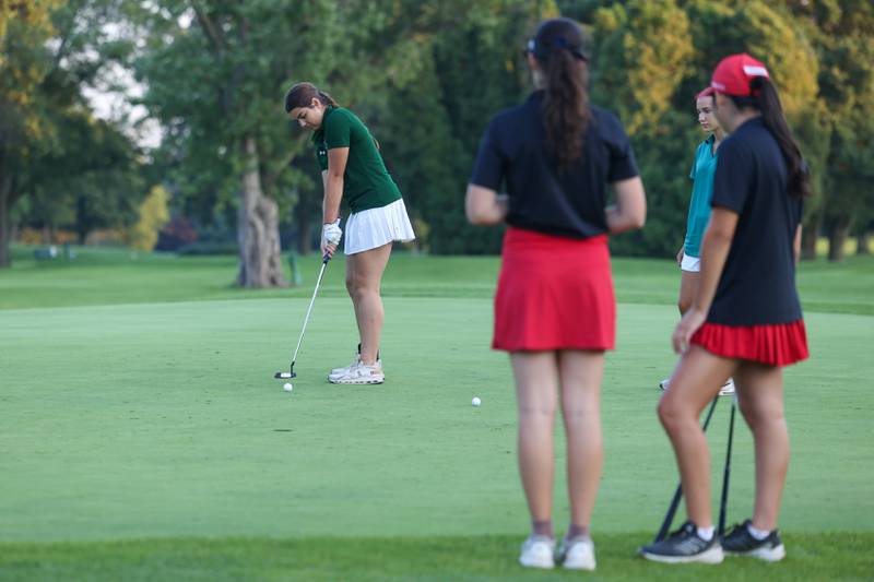 Bishop McNamara's Rhaya Depaolo putts during the Fightin' Irish's 219-235 loss to Bradley-Bourbonnais in the All-City matchup at the Kankakee Elks Country Club on Thursday, Aug. 28, 2025.