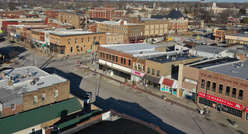 An aerial view of the 800 block of First Street on Monday, Feb. 10, 2025 downtown La Salle.