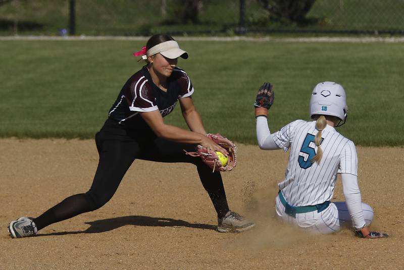 Marengo's Gabby Christopher tries to take Woodstock North's Madalynn Nordahl at second base during a Kishwaukee River Conference softball game on Tuesday, April 28 , 2026, at Woodstock North High School.