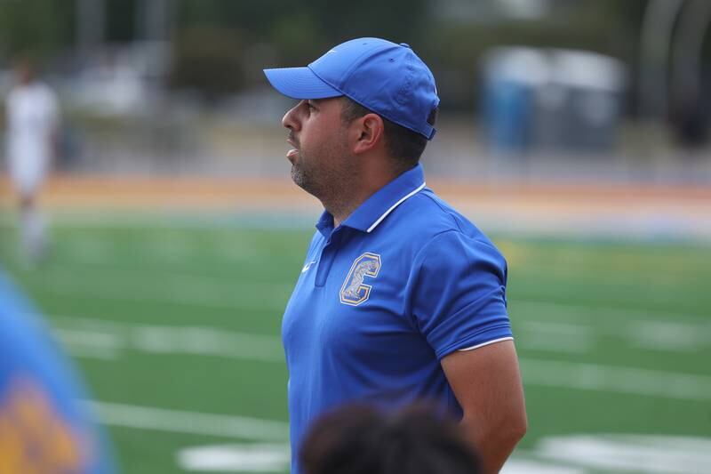 Joliet Central head coach Ulises Ordenas during the match against Plainfield South on Tuesday, Sept. 5, 2023 in Joliet.