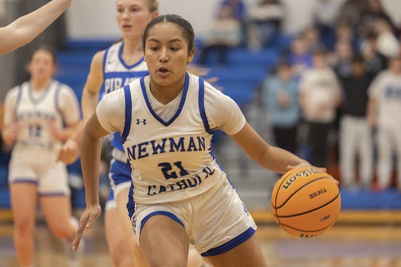 Newman’s Gisselle Martin handles the ball against Galena Tuesday, Feb. 24, 2026, in the Class 1A sectional at Eastland High School.