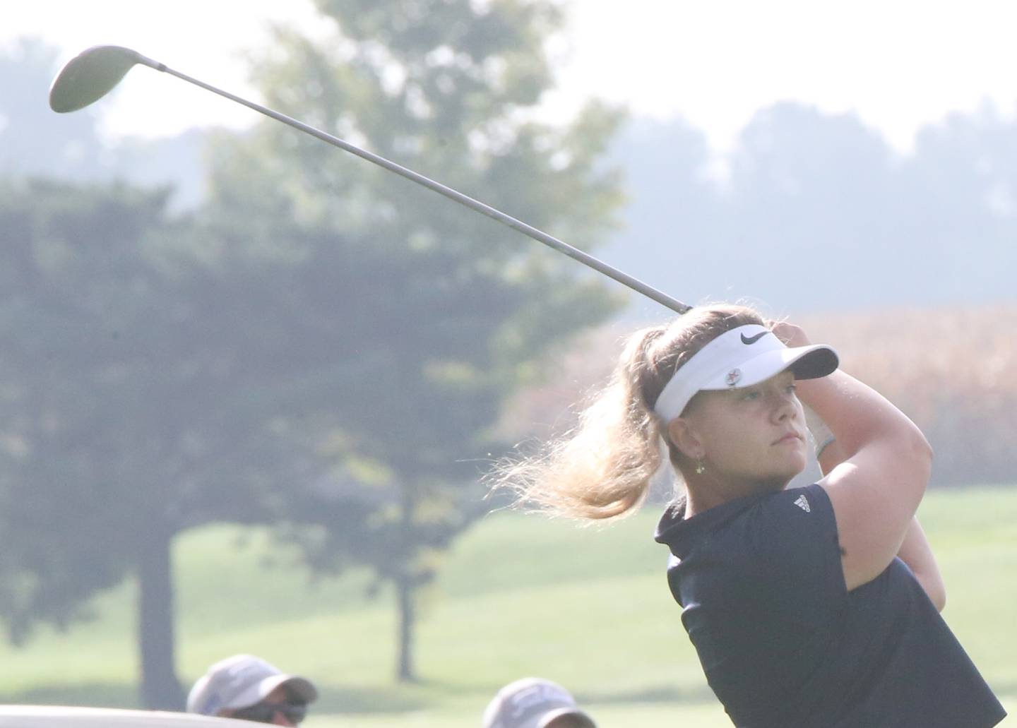 Fieldcrest's Ava Marty tees off during the Class 1A Regional golf meet on Thursday, Sept. 28, 2023 at Spring Creek Golf Course in Spring Valley.