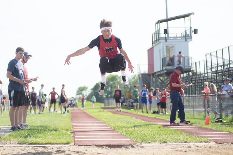 Erie's Braxton Froeliger competes in the long jump at the class 1A Erie track sectionals on Thursday, May 19, 2022.