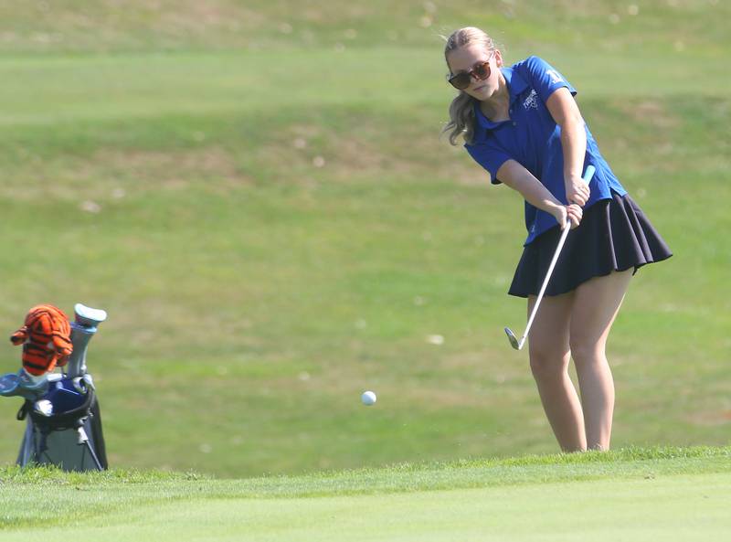 Princeton's Taylor Compton hits toward the 9th hole during the Class 1A Regionals on Tuesday, Sept. 30, 2025 at Spring Creek Golf Course in Spring Valley.