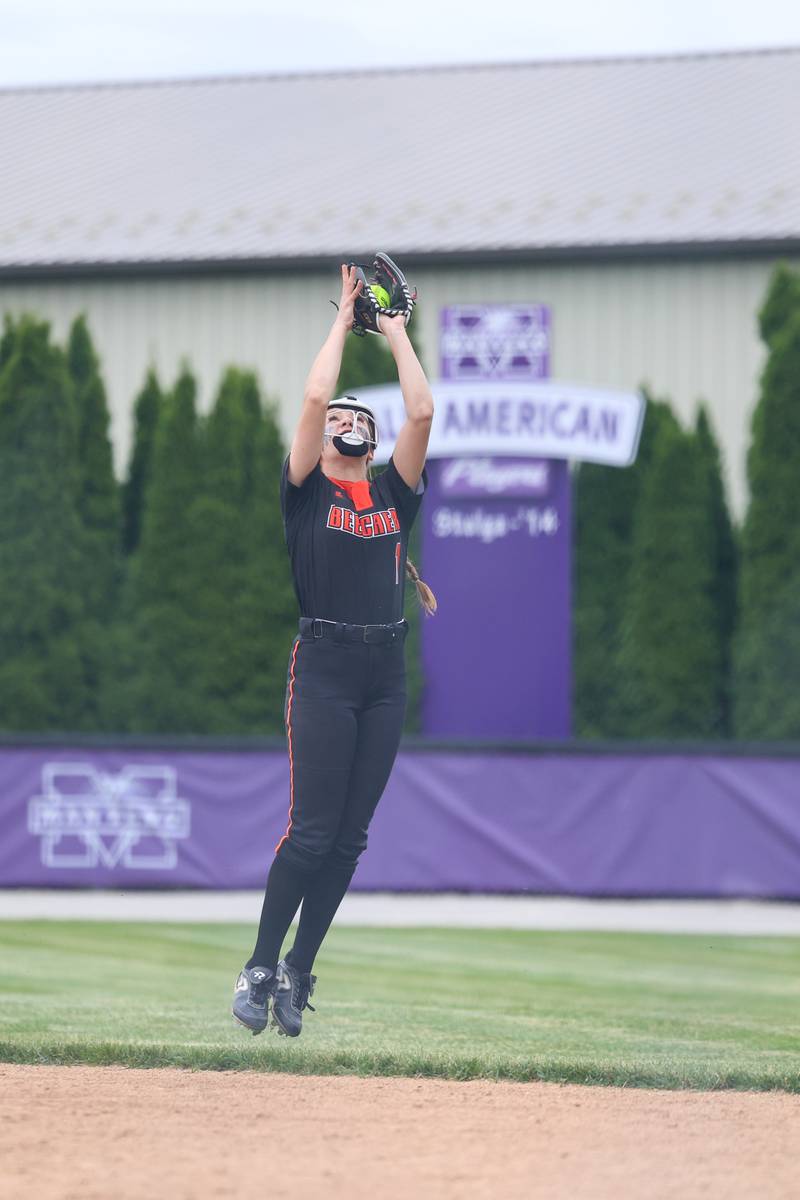 Beecher's Carmela Irwin catches the final out of the game during Beecher's 14-6 victory over Manteno in the Class 2A Manteno Regional championship on Friday, May 22, 2026.