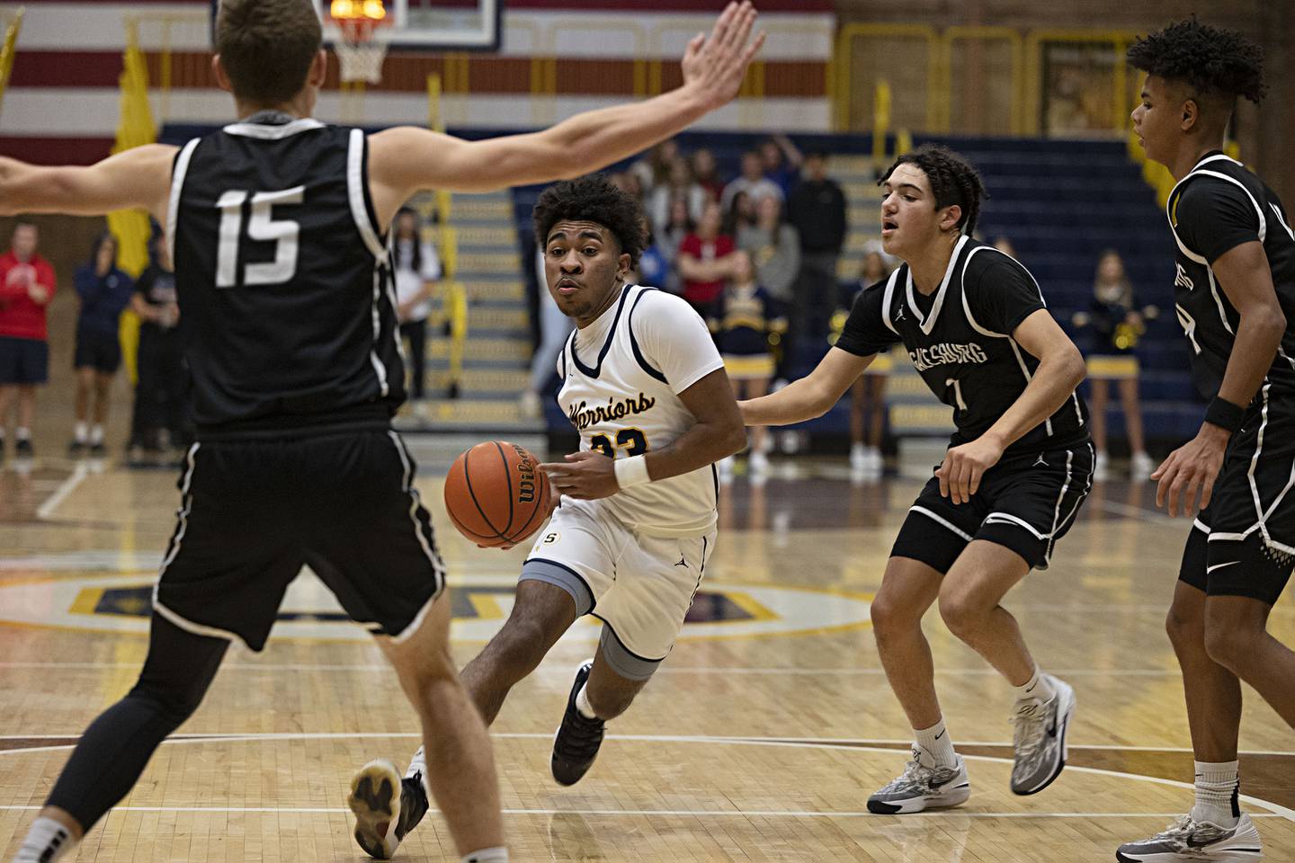 Sterling’s Kaedon Phillips handles the ball in the lane against Galesburg Friday, Jan. 5, 2024 at Sterling High School.