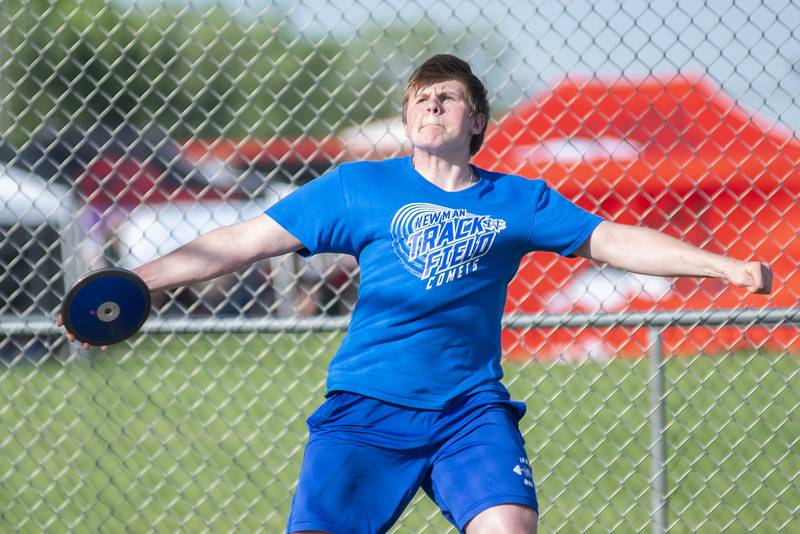 Newman's Christopher Accardi throws the discus at the class 1A Erie track sectionals on Thursday, May 19, 2022.