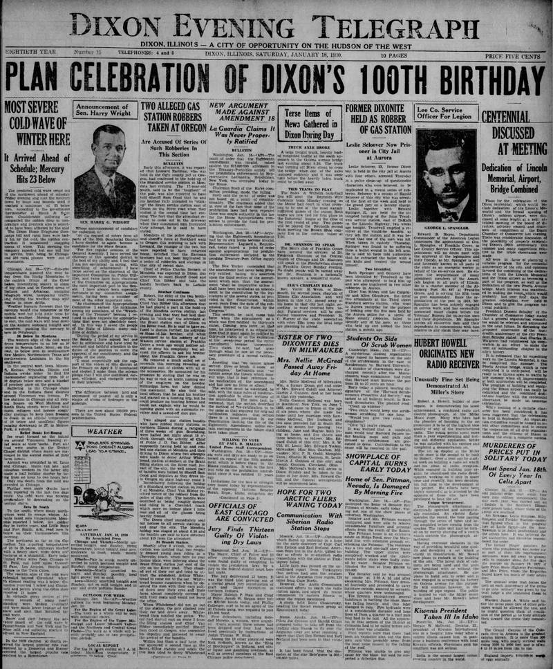The cover of the Dixon Evening Telegraph for Jan. 18, 1930