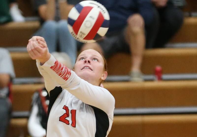 Henry-Senachwine's Brynna Anderson sends the ball back to the Woodland side of the net on Thursday, Oct. 3, 2024 at Henry-Senachwine High School.