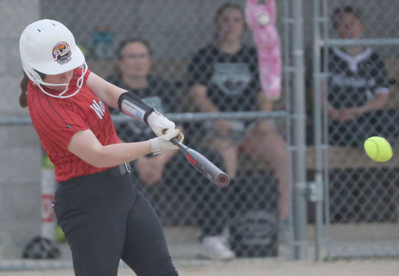 Henry-Senachwine's Addison Robbins gets a hit against Woodland on Tuesday, May 12, 2026 at Woodland High School.