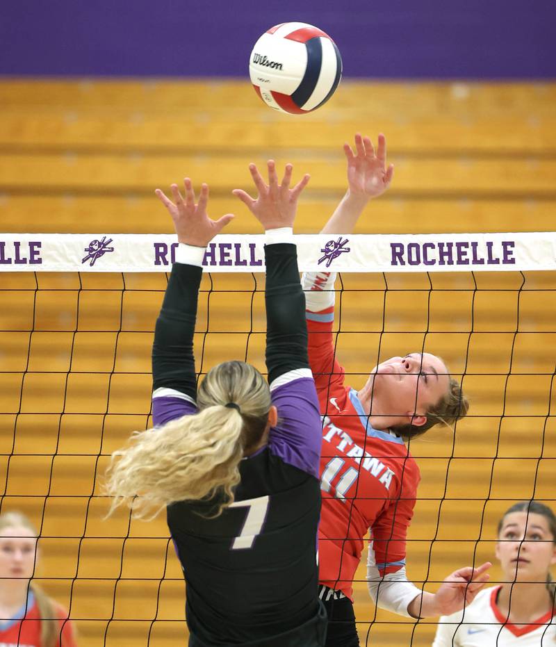 Ottawa's Belle Markey tries to spike the ball by Dixon's Presley Lappin Tuesday, Oct. 28, 2025, during their Class 3A regional semifinal match at Rochelle High School.