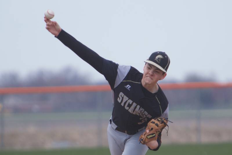 Sycamore's Conner Williar delivers a pitch against DeKalb on April 30, 2022 in DeKalb.