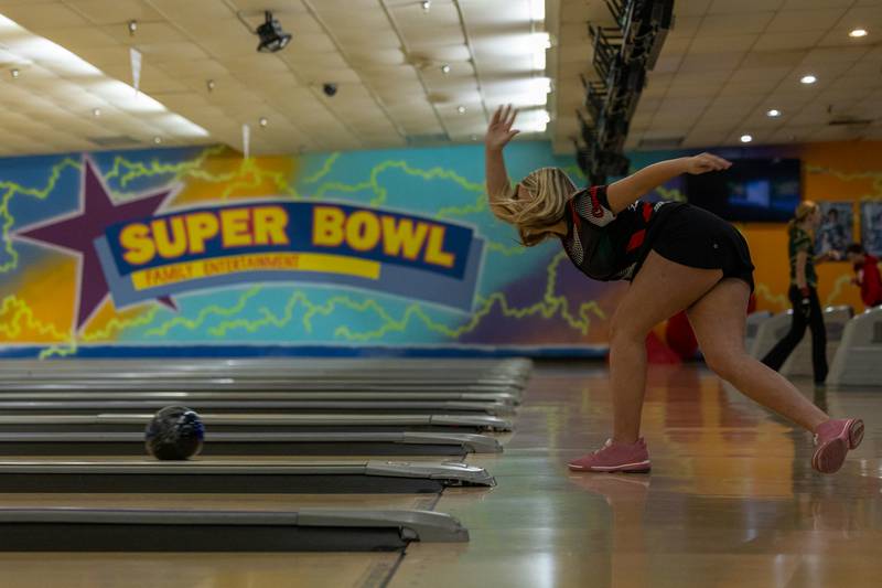 Kaitlyn Miller of LaSalle-Peru bowls ball down lane at the L-P Cavalier Classic on Saturday, December 20, 2025 at Super Bowl in Peru.