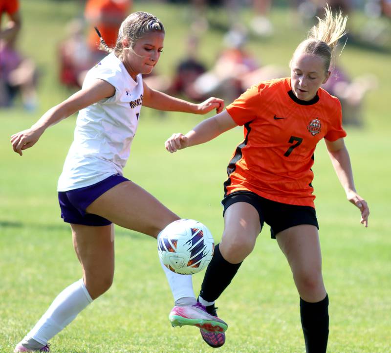 Crystal Lake Central’s Evelyn Johnson, right, battles Hononegah’s Addison Johann for the ball in IHSA Class 2A Sectional Semifinal girls soccer on Monday, May 25, 2026 at Crystal Lake Central High School in Crystal Lake.
