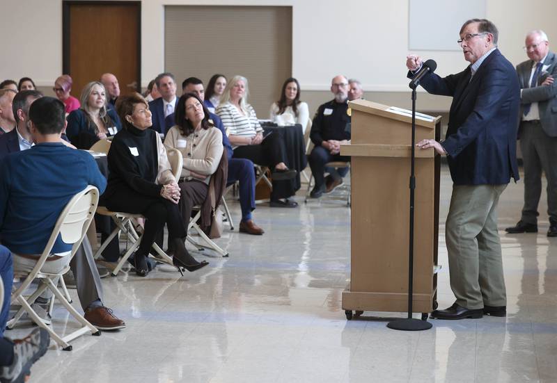 Doug Roberts speaks after being recognized as the recipient of the Clifford Danielson Outstanding Citizen Award Thursday, March 5, 2026, during the Sycamore Chamber of Commerce Annual Meeting in Memorial Hall at St. Mary's Catholic Church in Sycamore.