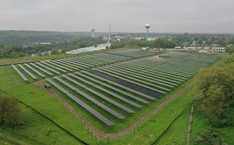 An aerial view of a solar farm located near the intersection of Vine Street and Ottawa Avenue on Wednesday, May 14, 2025 between Naplate and Ottawa.