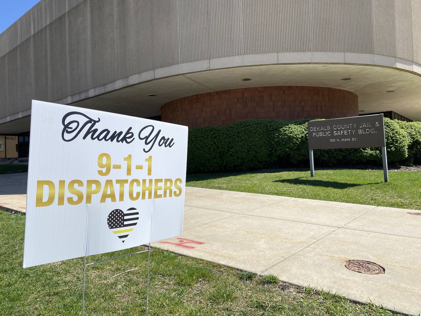 A "Thank You 911 Dispatchers" sign sits outside the DeKalb County Public Safety Building which houses the DeKalb County Sheriff's Office, 150 N. Main St., on April 15, 2024. Dispatchers across the county were recognized for National Public Safety Telecommunicators Week April 14-20.