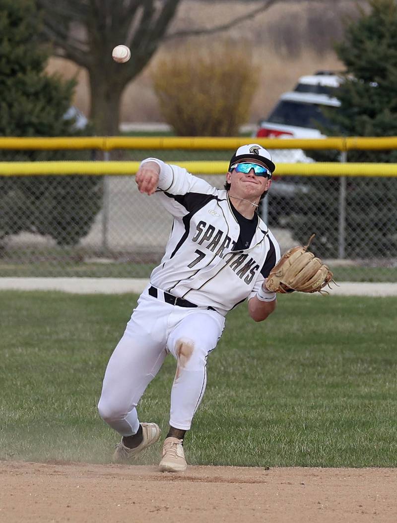 Sycamore's Nathan Lojko throws the ball to first during their game against St. Charles North Thursday, April 10, 2025, at the Sycamore Sports Complex.