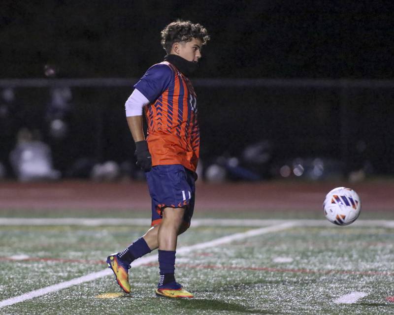 Oswego's Victor Rios (11) makes his penalty kick to end their Class 3A Naperville Central Regional semifinal soccer match between Plainfield North at Oswego, Tuesday Oct 21, 2025.