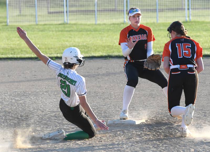 Rock Falls' Madisyn Eikenberry slides safely into second  against Winnebago during the 2A Oregon Regional semifnal on Wednesday, May 20, 2026.