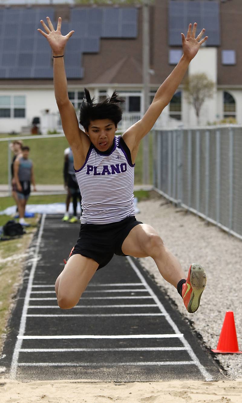Plano’s Jayden Balingit (Lumba) wins the long jump during the Kishwaukee River Conference Boys Track and Field Meet on Tuesday, May 12, 2026, at Johnsburg High School.