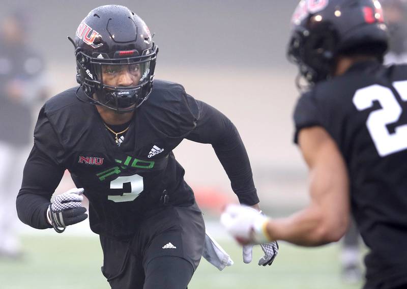 Northern Illinois University safety Devin Lafayette works on coverages during spring practice Wednesday, March 23, 2022, at NIU in DeKalb.