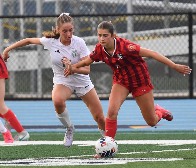 York’s Maggie Quinn and Hinsdale Central’s Emily DiTomasso (right) tangle for the ball during the Class 3A Downers Grove South Sectional final game on May 30, 2025 at Downers Grove South High School in Downers Grove .