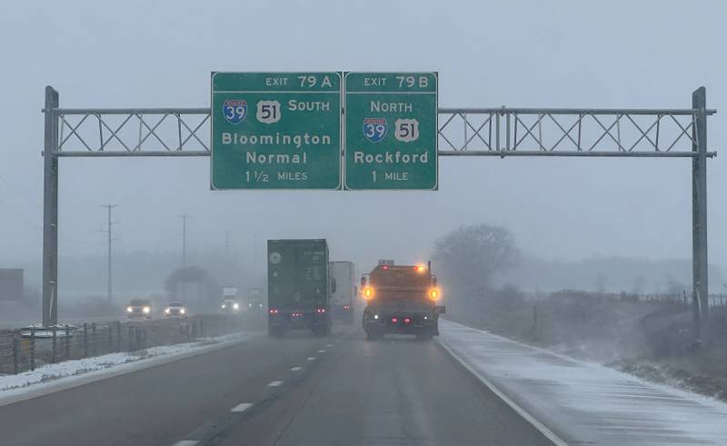 A snow plow travels near the intersection of Interstate 39 and Interstate 80 on Thursday, Jan. 2, 2025 near Utica.