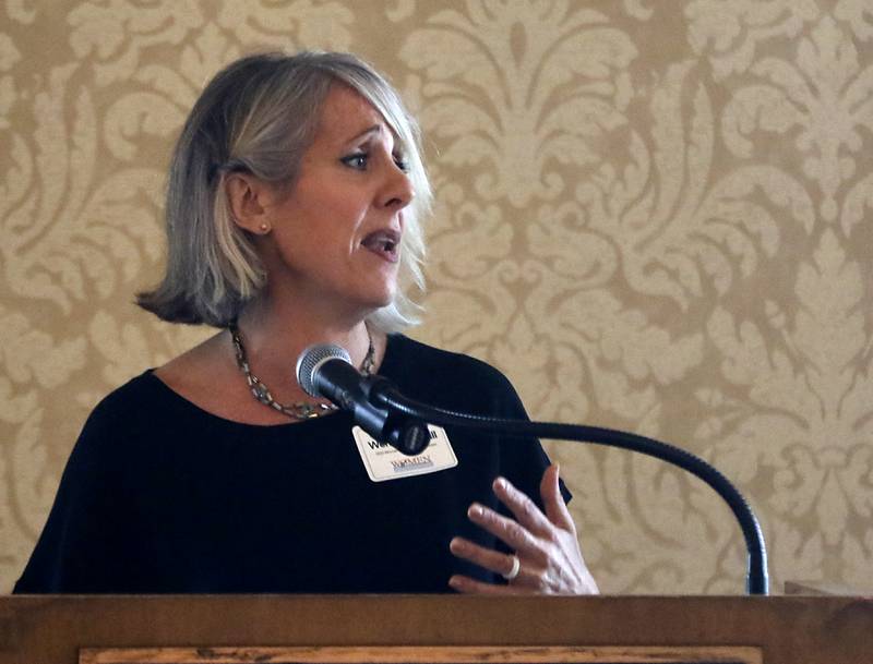 Award recipient Wendy Piersall speaks during the Northwest Herald's Women of Distinction award luncheon Wednesday June 7, 2023, at Boulder Ridge Country Club, in Lake in the Hills. The luncheon recognized 10 women in the community as Women of Distinction.