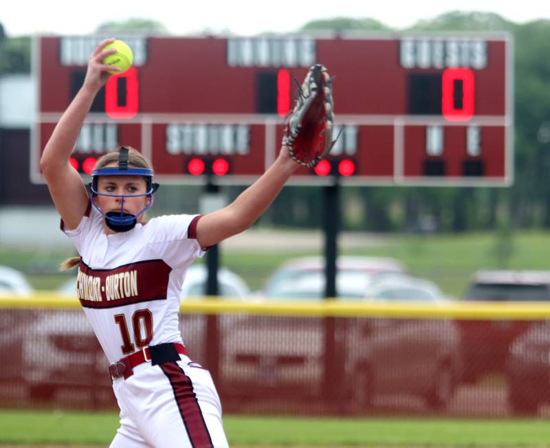 Richmond-Burton’s Hailey Holtz makes an offering early on against Stillman Valley in softball sectional title game action in Richmond Friday evening.