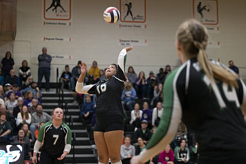 Rock Falls’ Taylor Reyna plays the ball against Chicago Christian Friday, Nov. 3, 2023 in the class 2A volleyball supersectional in Sandwich.